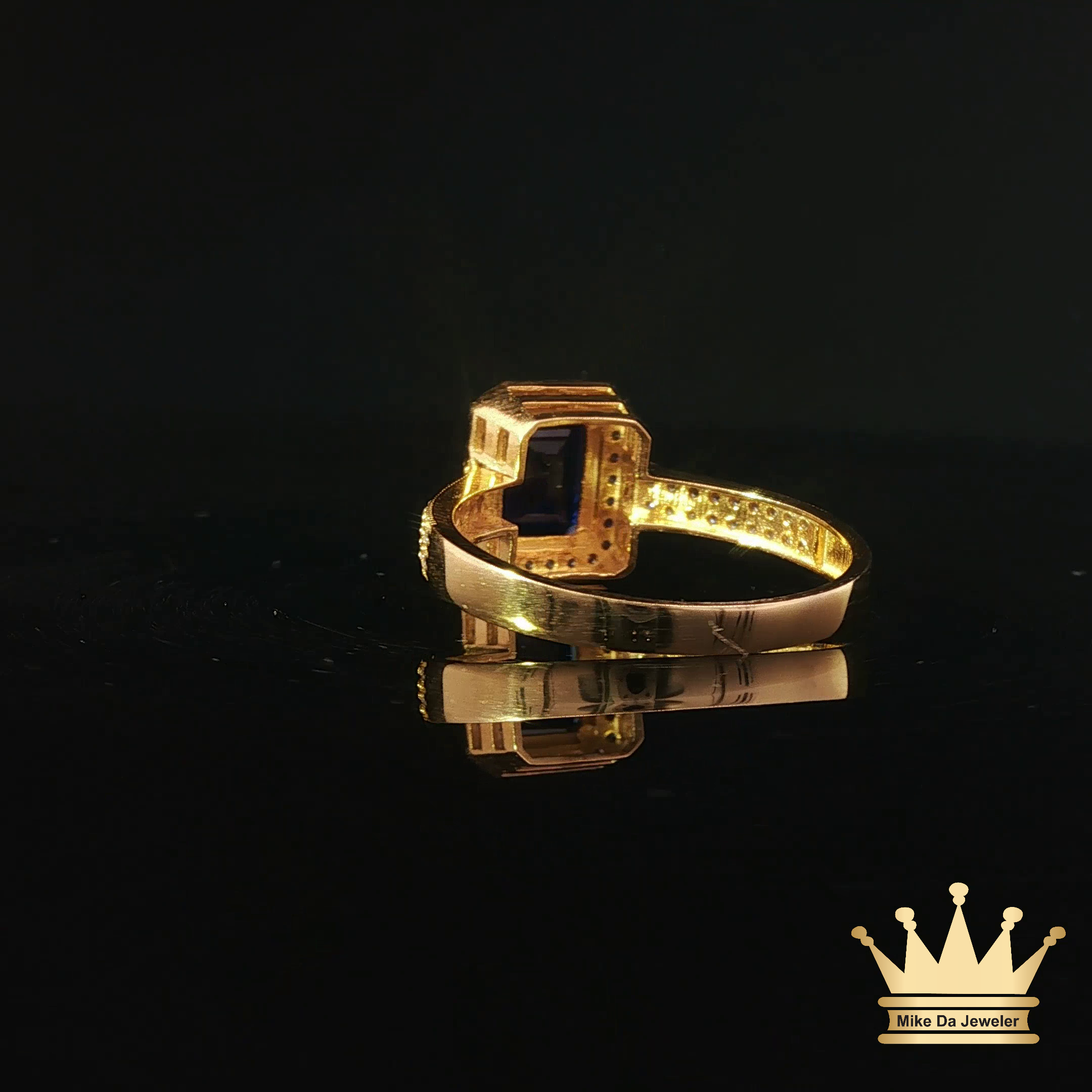 18K Gold Ring with Blue & White C.Z – Emerald Cut Statement Ring