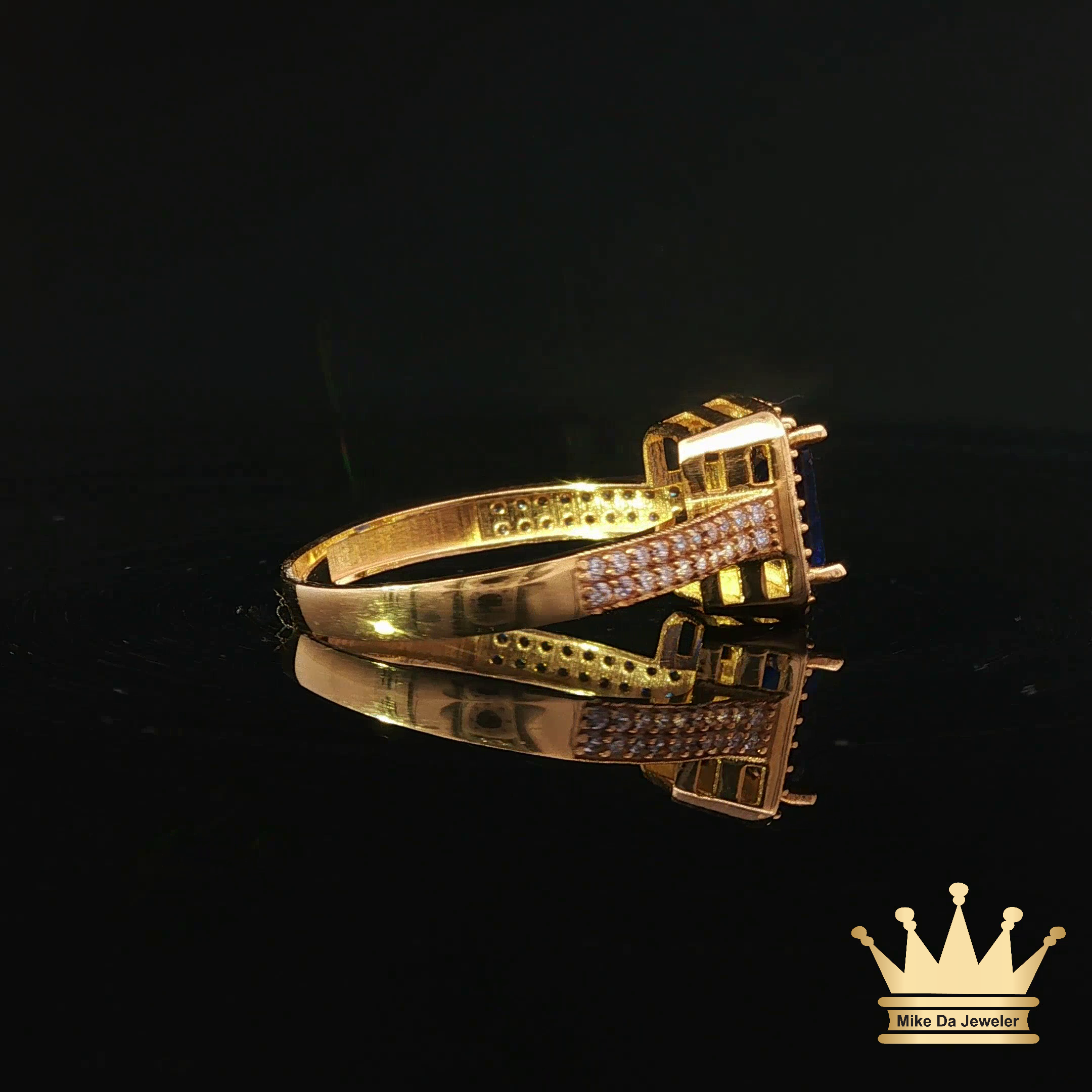 18K Gold Ring with Blue & White C.Z – Emerald Cut Statement Ring