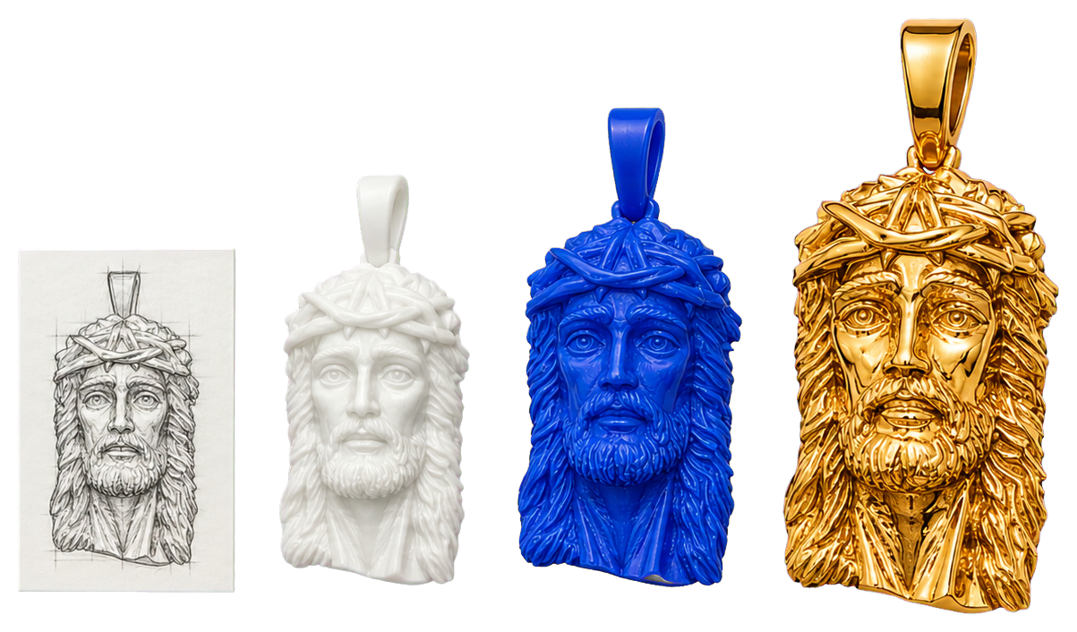 Custom Jesus-head pendant progressing from concept sketch to resin, wax, and finished solid gold jewelry